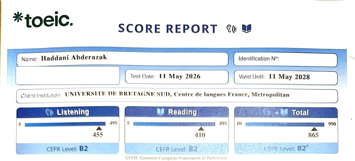 TOEIC Listening & Reading score report: 865 out of 990